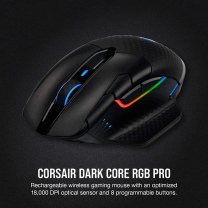 Corsair Dark CORE RGB PRO Wireless/Wired FPS MOBA Gaming Mouse – 18,000 DPI, Fast Response Time, 8 Programmable Side Buttons, Dynamic Multi-Color Backlighting – Black